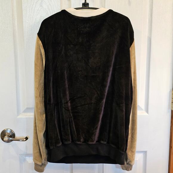 Vintage Action 1980s V-Neck Striped Velour Sweater Ribbed Cuffs Black/Tan Sz XL - Picture 3 of 6